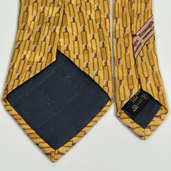 Ermenegildo Zegna Tie‎ Mens 100% Silk Gold Geometric Hand Made Italy Necktie - Picture 5 of 8